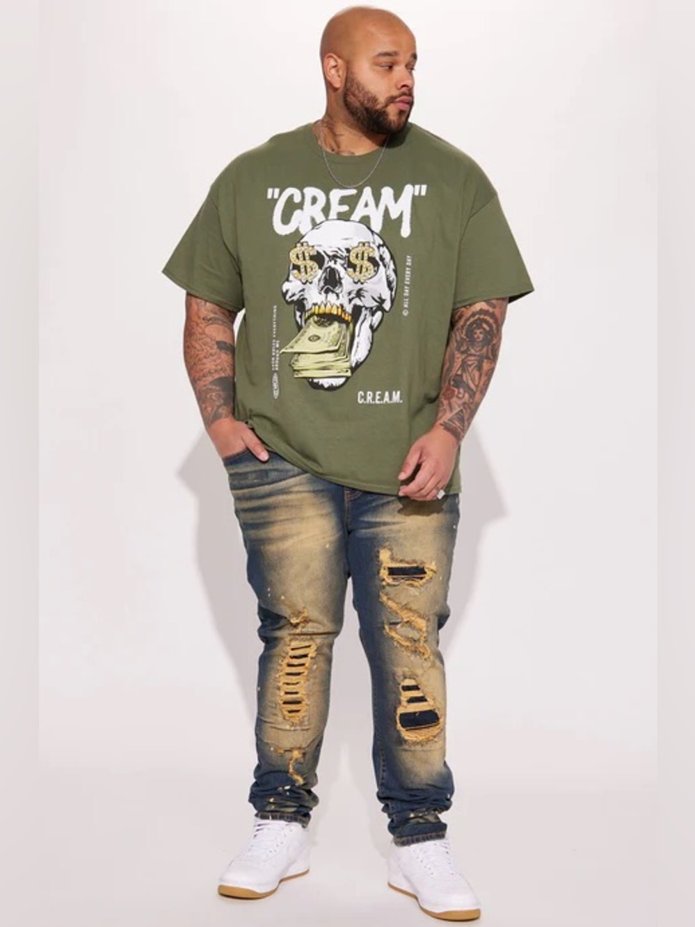 •C.R.E.A.M• Skull Graphic Tee Olive Green | Money Cash Streetwear T-Shirt - Picture 2 of 3